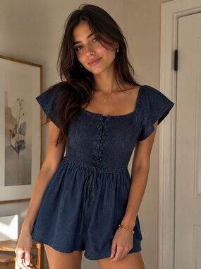 LOVE Denim Romper XL Sraight Lace Up Front Chambray Blue Boho Cottagecore